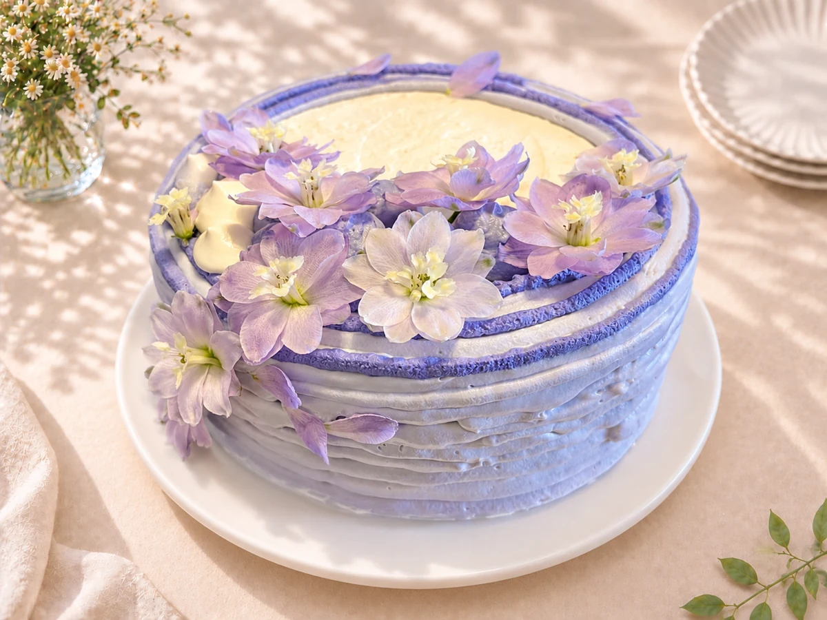 Floral fruit cream chiffon cake decorated with lavender flowers and fresh fruit